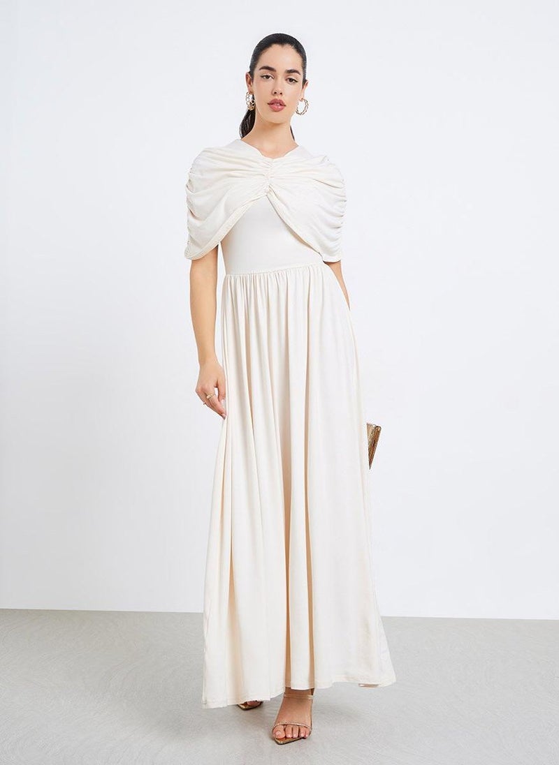 Styli Women Beige Gathered Shawl Maxi Dress - Image 3